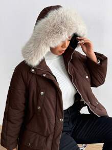 Flirla Solid Color Casual Short Plush Collar Comfortable Padded Padded Coat Clothes Winter Fall Cloth For Women - Apricot - View 5