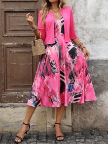 SHEIN Clasi 2 件套女士纯色 3/4 袖开衫和全身印花吊带背心连衣裙休闲套装 - 玫紅色 - 查看 4