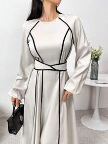 Modelyn 束腰蝴蝶结点缀色块休闲优雅通勤派对连衣裙长款晚礼服 - 卡其色 - 查看 3