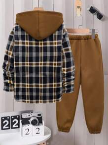 SHEIN 2 pezzi Set di giacca con cappuccio e pantaloni jogger a quadri alla moda per bambino preadolescente, per Natale
