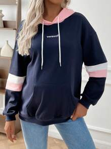 SHEIN Pregnant Women's Casual Color Block Letter Printed Drawstring Hooded Sweatshirt, Autumn, For Maternity, For Winter