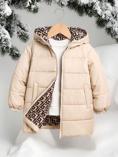 SHEIN 男童休闲舒适连帽长袖中长款加厚外套，保暖防风，适合通勤、上学、居家、休闲、街头风格、派对和户外玩耍