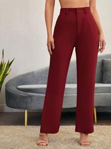 SHEIN Essnce Pantalones de traje rojos de cintura alta, sólidos y simples, para otoño/invierno - Burdeos - Ver 1