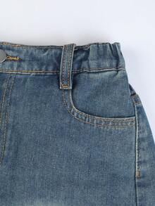 蝴蝶结装饰女童牛仔半身裙 - 中等水洗藍 - 查看 4