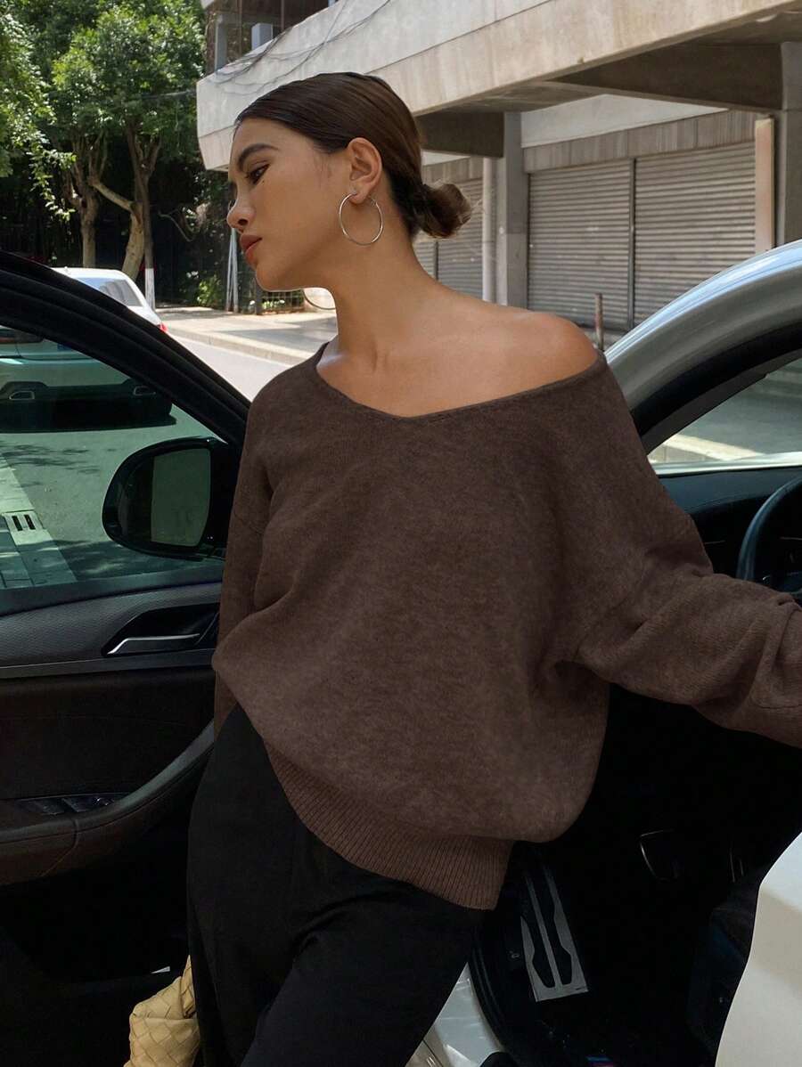 Livesso Áo len chui đầu tay dài cổ chữ V cỡ lớn màu trơn cho nữ, Áo dài tay, Quần áo trở lại trường, Quần áo mùa thu cho nữ - Cà phê nâu - Xem 1