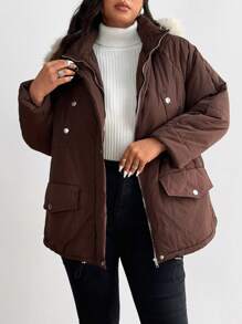 Flirla Solid Color Casual Short Plush Collar Comfortable Padded Padded Coat Clothes Winter Fall Cloth For Women - Apricot - View 6