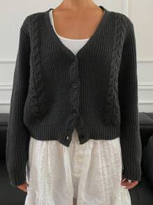 DAZY Autumn New Style Short Cable Knit Cardigan Y2k,Fall Women Clothes Jacket - Dark Grey - View 5