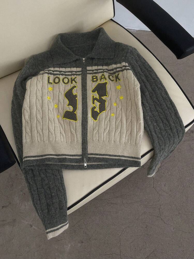 Women's Fitted Contrast Color Letter Print Cardigan,Fall Clothes