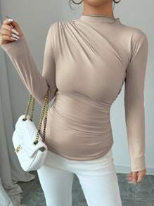 Chiquease Women's Apricot Slim-Fit Long-Sleeve Daily Casual Versatile Spring/Summer/Autumn T-Shirt T-Shirt With A Standing Collar And Gathers