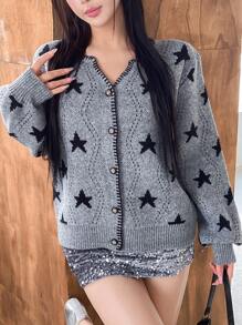 Chiquease Áo len cardigan dài tay in họa tiết ngôi sao năm cánh cho nữ - Xám - Xem 3