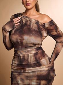SHEIN BAE Vestido de manga larga con cuello asimétrico, hombros oblicuos y plisados, de tela de malla elástica, en color mármol, para uso diario y salidas, para mujeres de talla grande, elegante y versátil para otoño e invierno