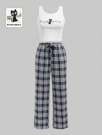 Kawaii Cat Embroidery Sleeveless Vest & Plaid Pants Pajamas Set, School