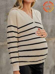 SHEIN 孕妇条纹纽扣半襟连帽长袖毛衣，秋冬季，适合孕妇 - 卡其色 - 查看 3