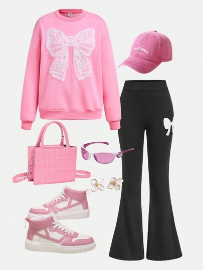 SHEIN 2 件青少年女孩休闲蝴蝶结装饰圆领运动衫 + 喇叭裤套装