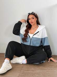 SHEIN EZwear 2 件大码拼色标语印花运动衫和运动裤套装，秋冬运动休闲 - 彩色 - 查看 5