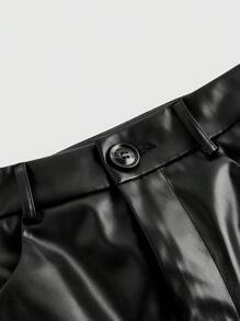 SHEIN Privé 2 Stücke elegantes Business Damen Set aus schwarzem Top und PU Rock - Schwarz - Übersicht 5