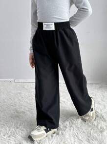 SHEIN Pantalones rectos de pierna ancha de unicolor con parche de letra, informal, a juego para madre e hija, estilo preppy, excelente para uso casual, diario y escolar en verano y otoño-invierno