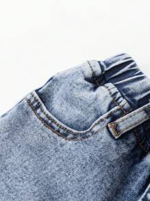Babymeisjes Nieuwe Mode Roze Strik Geborduurde Gewassen Denim Taps Toelopende Broek - Medium gebleekt - Bekijken 7