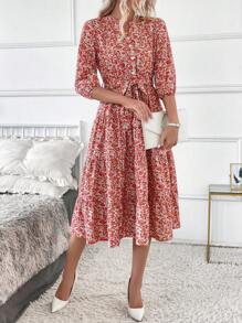 SHEIN Clasi 女式长立领碎花连衣裙 长款女装 - 彩色 - 查看 6