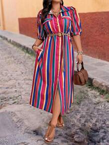 SHEIN LUNE Vestido camisa con botones delanteros, con bloques de color y rayas, tallas grandes, otoño