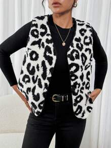 SHEIN Frenchy Chaqueta sin abrochar informal con estampado de leopardo para mujer, para otoño e invierno - Blanco y Negro - Ver 3