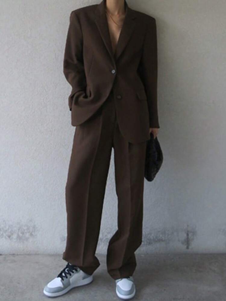 2pcs Women Solid Color Minimalist Long Sleeve Blazer Jacket And Pants Set, Daily Wear Y2k