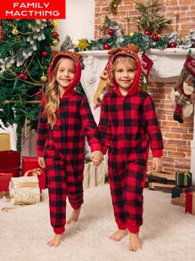 SHEIN Conjunto de pijama de Navidad para niñas, ropa de dormir a juego para fiesta navideña familiar, mono con estampado a cuadros, tela suave y cálida, decoraciones navideñas de otoño e invierno - Rojo - Ver 2