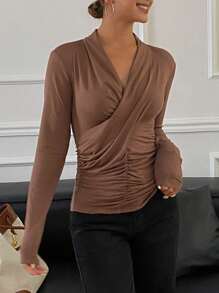 DAZY Fall Casual Solid Color Ruched Long Sleeve Tee - Brown - View 5