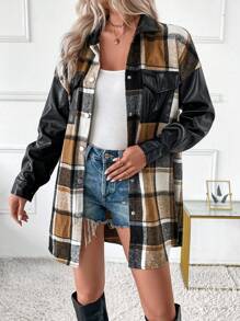 SHEIN LUNE Jaket Wanita Kasual untuk Berpergian, Motif Kotak-kotak, Patchwork, Blok Warna, Resleting, Cocok untuk Musim Gugur. - MultiWarna - View 5