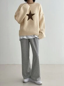 DAZY Jersey informal de cuello redondo de manga larga con estampado de estrella de 5 puntas