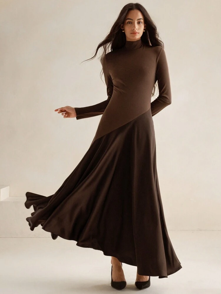 Petite Women's Elegant Urban High-End Knit & Woven Patchwork Stand Collar Long Sleeve Flared Dress, Coffee Color