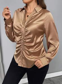 Firerie Áo cánh dự tiệc màu trơn thanh lịch cỡ lớn xếp ly vàng - Vàng - Xem 3