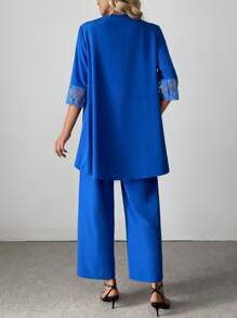 SHEIN LUNE Conjunto casual de 3 piezas para mujer: chaqueta de manga media en unicolor, blusa con empalmado de encaje y pantalones - Azul - Ver 2