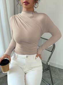 Chiquease Women's Apricot Slim-Fit Long-Sleeve Daily Casual Versatile Spring/Summer/Autumn T-Shirt T-Shirt With A Standing Collar And Gathers