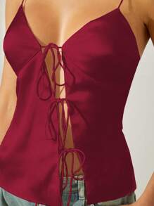 Denimoi Women's Fall Burgundy Satin Tie Front Hollow-Out Backless Spaghetti Strap Party Sexy & Elegan Bustier Camisole,Christmas Women Clothes,Christmas Outfits, New Year Eve - Burgundy - View 3