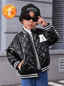 SHEIN Explorewe 2pcs Young Boys Classic Letterman Jacket With Embroidered Patch,Ribbed Collar & Cuffs,Winter,Career Day,Back-To-School - Black - View 1