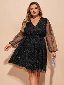 SHEIN CURVE+ Plus Size Women's Sequin Decor Mesh Long Sleeve Dress
