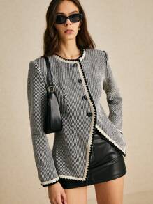 Poéselle Manteau régulier élégant à simple boutonnage à rayures et manches longues pour femme, automne-hiver