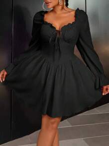 Maweii Vestido corto de manga larga con cuello con escote de corazón y lazo delantero, unicolor con volantes, talla grande para mujer - Negro - Ver 7