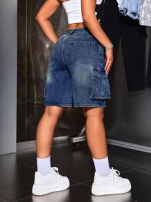SHEIN ICON Pantalones cortos vaqueros casuales lisos con bolsillos, verano
