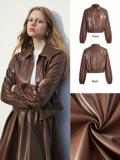 Maija Women's Brown Hollow Zipper Collar Long Sleeve PU Leather Fashion Short Bomber Jacket, Autumn