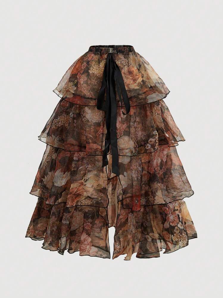 SHEIN MOD فستان برنت زهري كامل جسم برتقالي قديم الطراز "مدمج" مع تنورات قابلة للإزالة متعددة - بطراز قصري ، فستان عيد ميلاد ، فستان سفر ، فستان متراكب ، فستان ، فساتين صيفية للنساء - لون برتقالي - مشاهدة 6