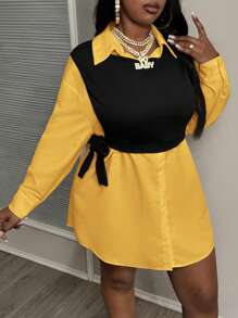 Slaydiva Ensemble 2 pièces robe chemise ample, couleur contrastée, cordon de serrage, style élégant casual, adapté aux grandes tailles, pour l'été et l'automne