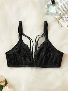 سوتيانات مقاسات كبيرة وسوتيانات بدون سلك، جاذبية جنسية، إغلاق من الأمام، دانتيل متباين اللون، ديكور شريطي، ملابس داخلية - الأسود - مشاهدة 2