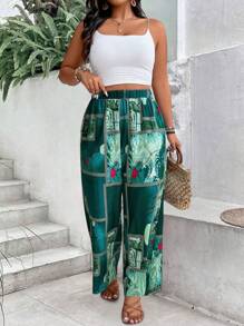 SHEIN LUNE Quần dài đi nghỉ thường ngày in họa tiết cỡ lớn cạp chun - màu xanh lá - Xem 4