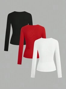 SHEIN EZwear 3pcs Women's Basic Fitted Long Sleeve Shirts, Y2K Style - Multicolor - View 2