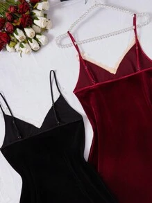 SilkySpell 2 pezzi/Set Camicia da notte da donna in velluto con inserti in pizzo, spalline a spaghetti, abbigliamento autunno inverno