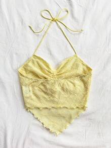 Soleia Camiseta sin mangas con cuello en V acanalado, fruncido delantero y espalda de tirantes anchos, de punto texturizado amarillo, para vacaciones, para mujer