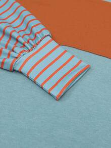 Acelitt 条纹拼布主教袖圆领休闲宽松T恤 - 綠色 - 查看 6