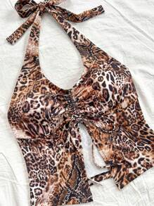 Soleia Women's Vacation Leopard Print Drawstring Ruched Front Tie Neck Camisole - Multicolor - View 3